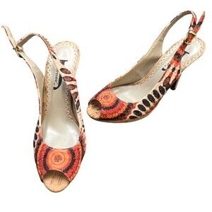 J. Renee Boho Peep Toe Heels 6 Patterned Cork Stiletto 4” Heel Retro Fun Maximal